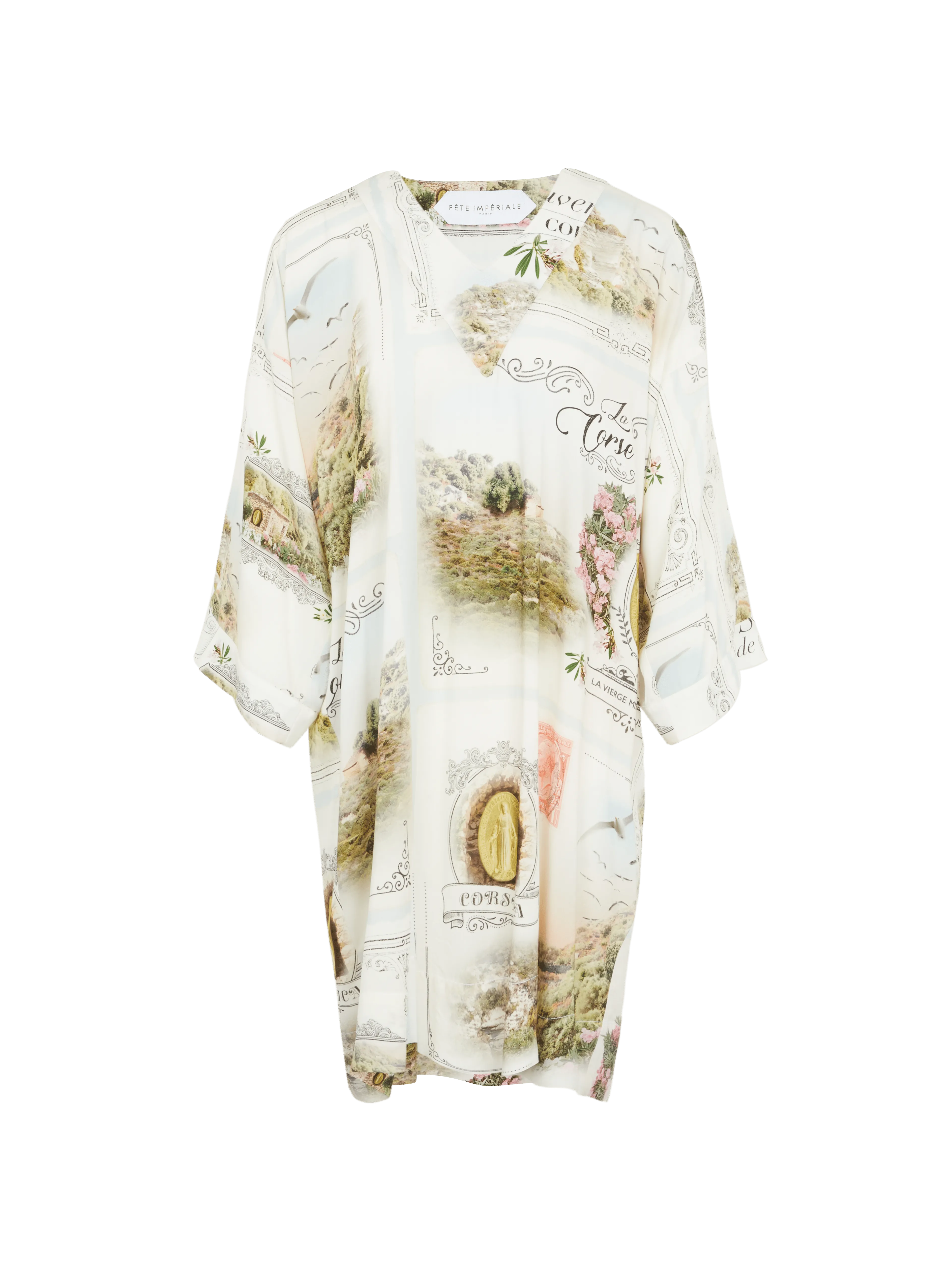 AJACCIO - Robe caftan en V en popeline de viscose imprimé Cartes