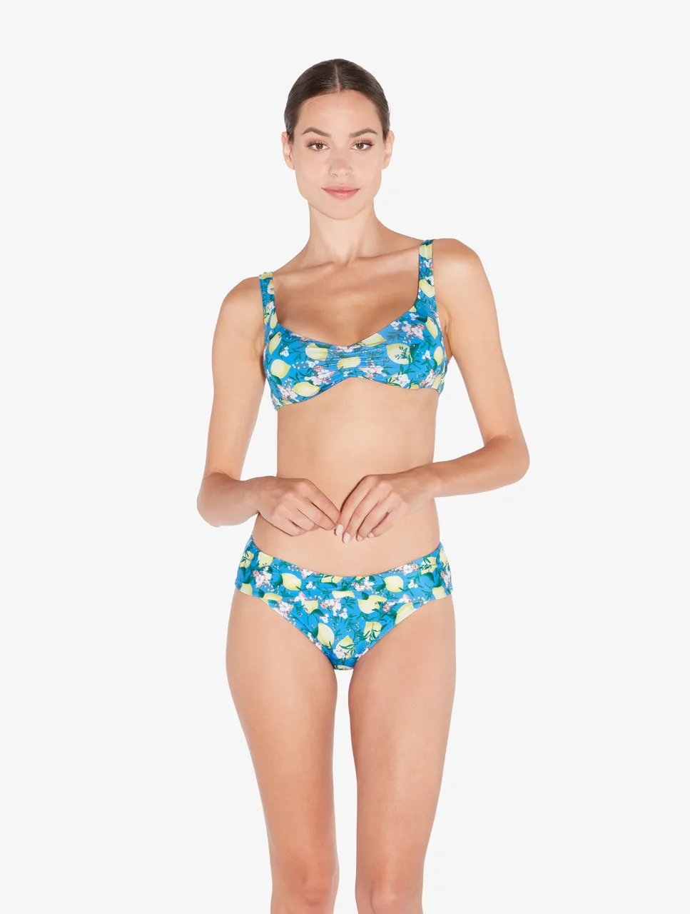 Bas de maillot de bain imprimé bleu avec taille drapée