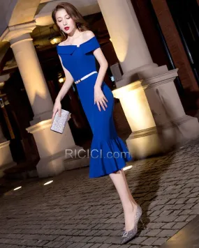 Bleu Roi Élégant Une Épaule Epaule Dénudée Droite Robe Cocktail Satin