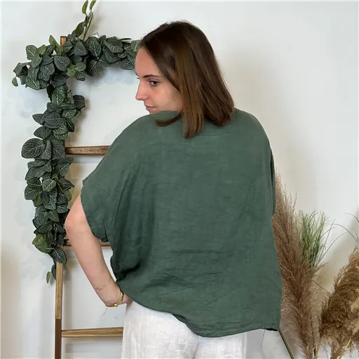 Blouse Lin Italienne Kaki - Bleu Clair