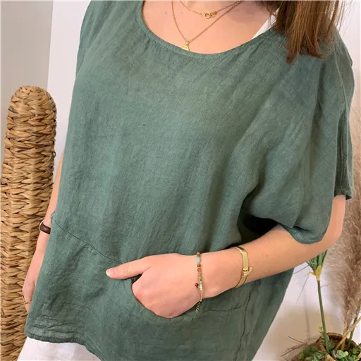 Blouse Lin Italienne Kaki - Bleu Clair