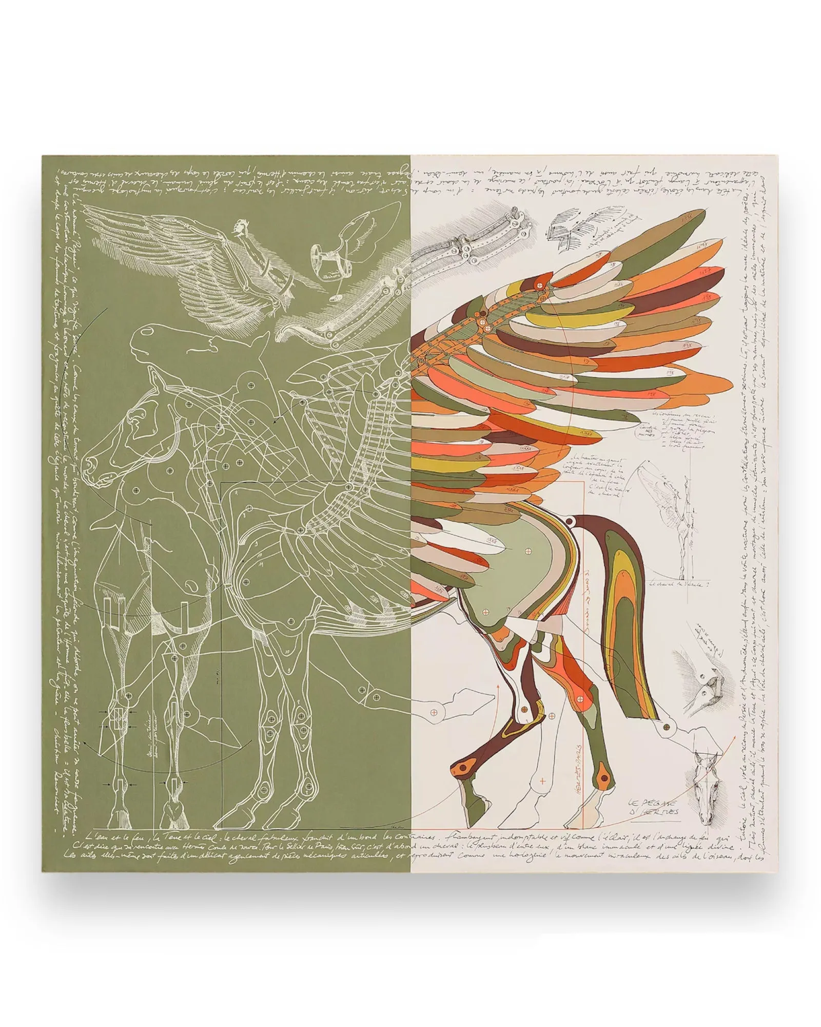 Carré de soie Le Pégase d'Hermès kaki