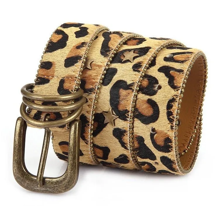 Ceinture imprimée léopard et rivets étoile pour femme, modèle Nahuel