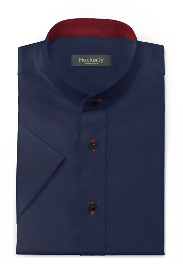 Chemise bleu marine à manches courtes en oxford col mao avec col contrasté