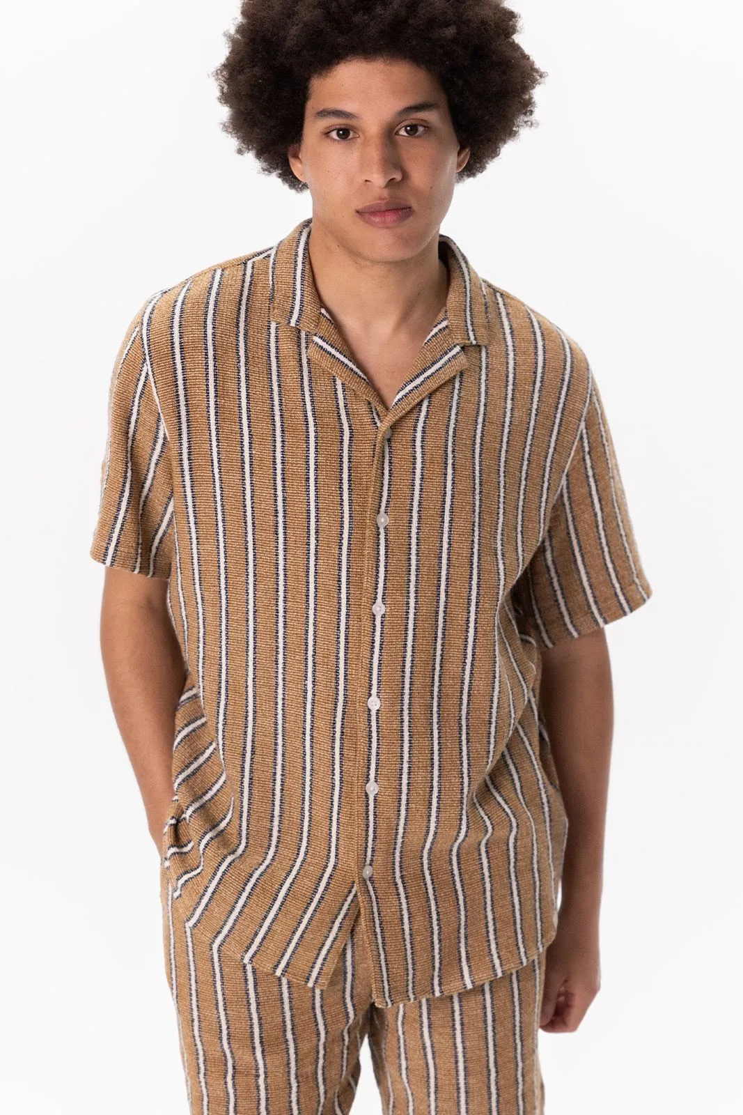 Chemise manches courtes à rayures - marron doré