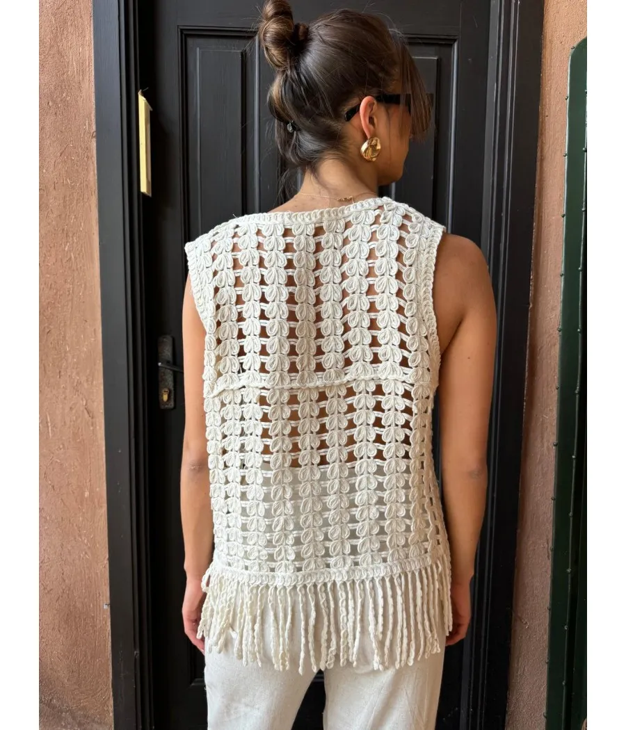 débardeur frange crochet beige
