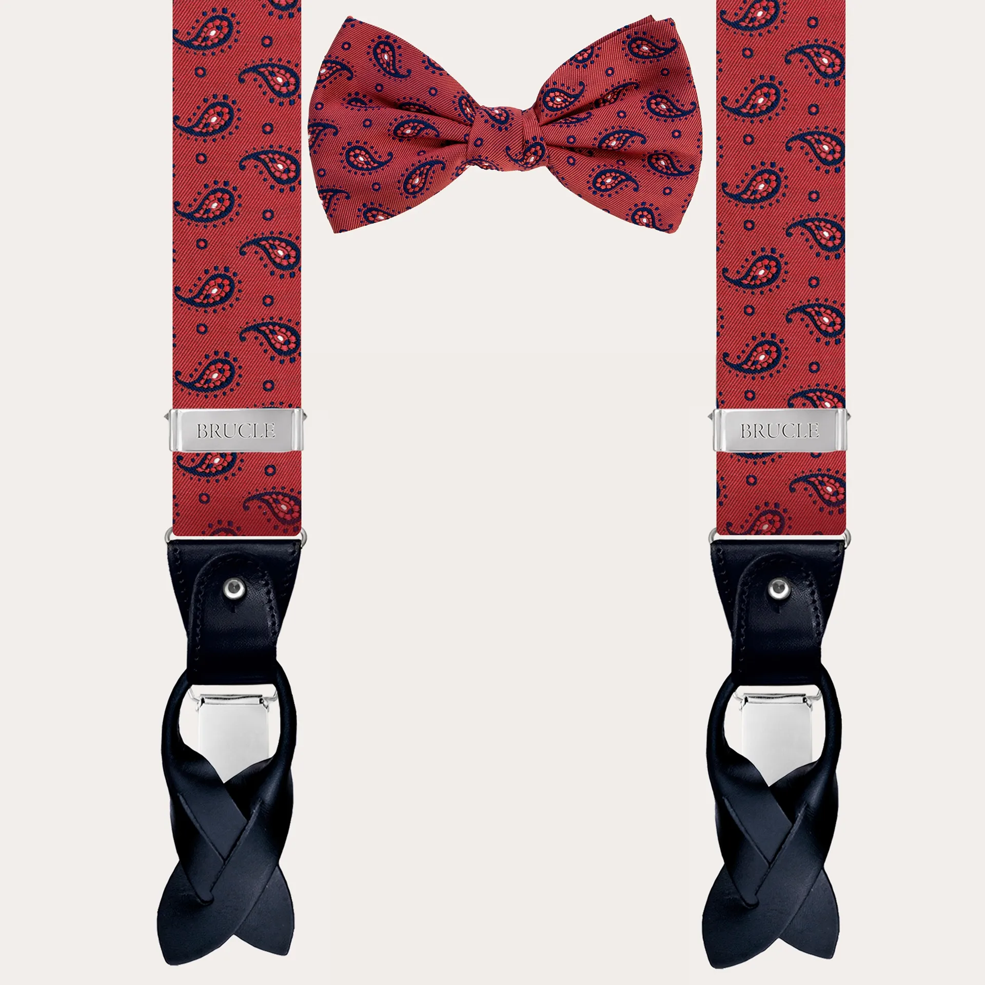 Ensemble raffiné de bretelles en soie paisley rouge et noeud papillon assorti