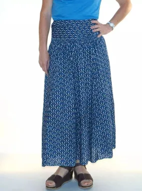 Jupe mi longue coton multifonction Lalita motif bleu