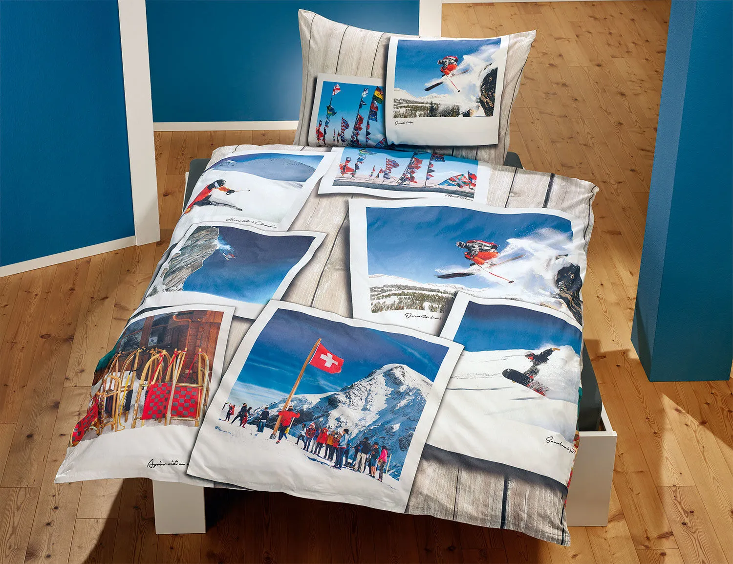 Linge de lit avec motifs de ski format photo sur panneau de bois ⋆ Lehner Versand
