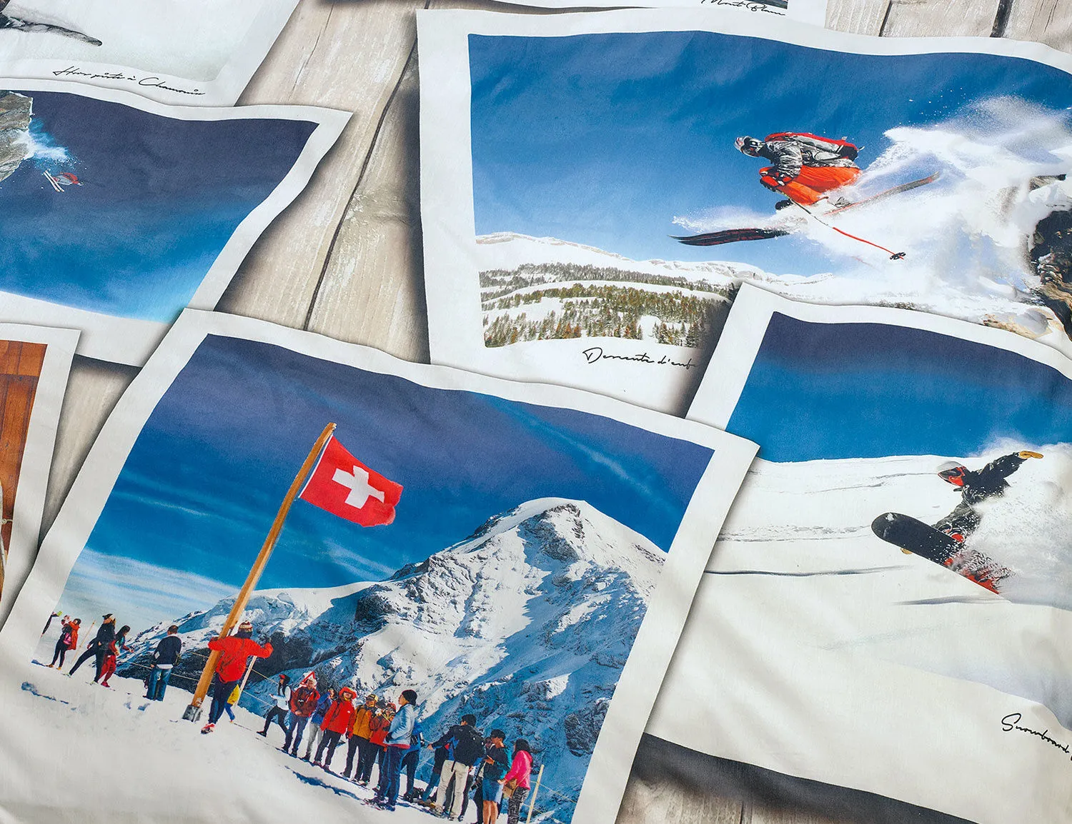 Linge de lit avec motifs de ski format photo sur panneau de bois ⋆ Lehner Versand