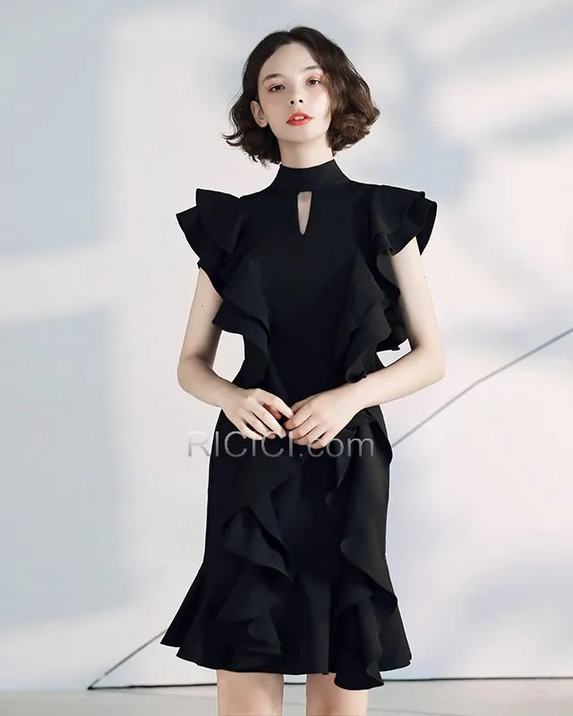 Longueur Genou Simple Robe De Cocktail Belle LBD Sans Manches Mousseline Noir Col Haut