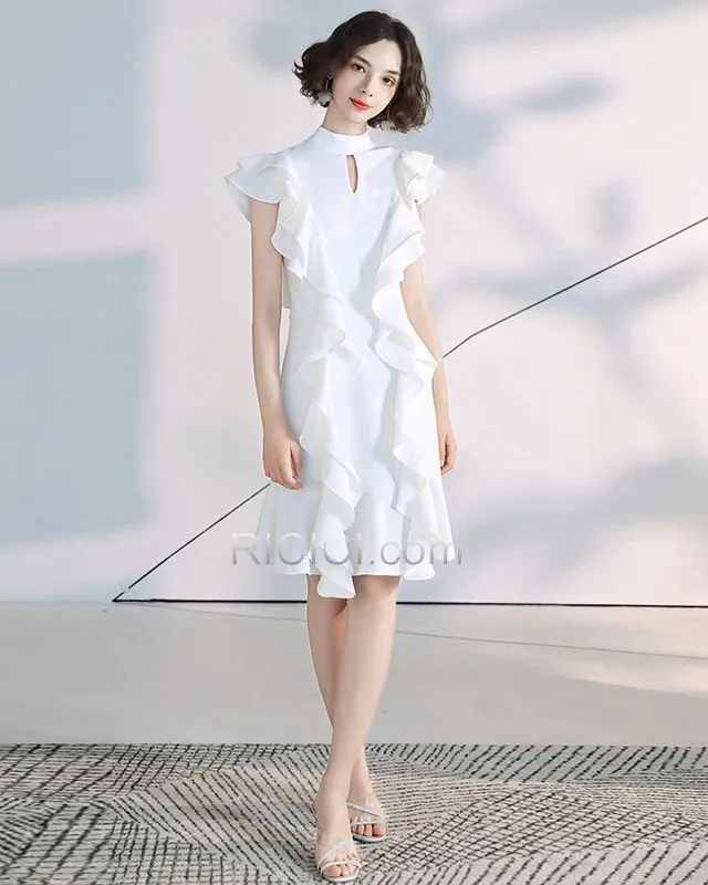 Longueur Genou Simple Robe De Cocktail Belle LBD Sans Manches Mousseline Noir Col Haut