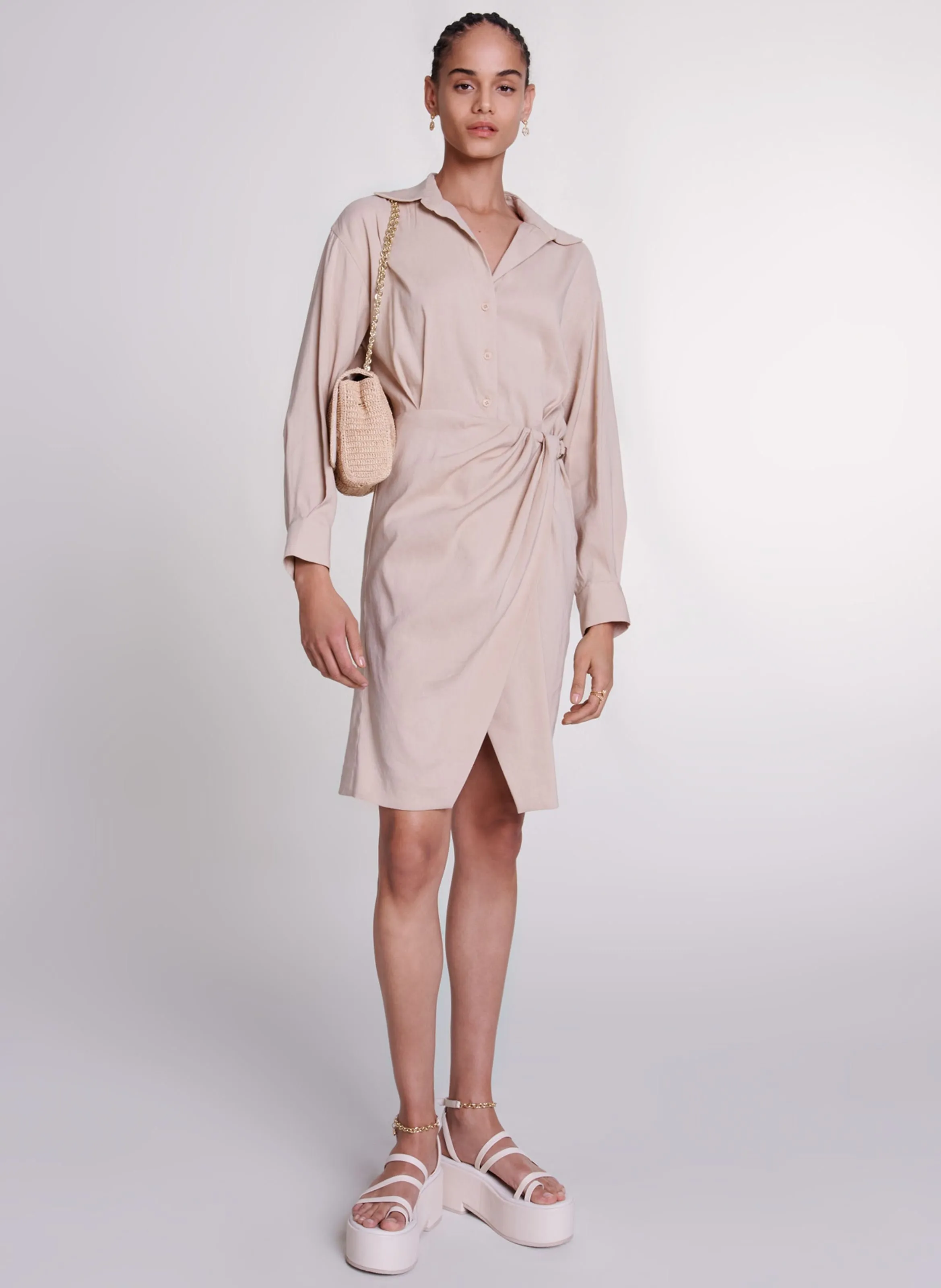 MAJE  Robe midi col classique en lin mélangé - Beige