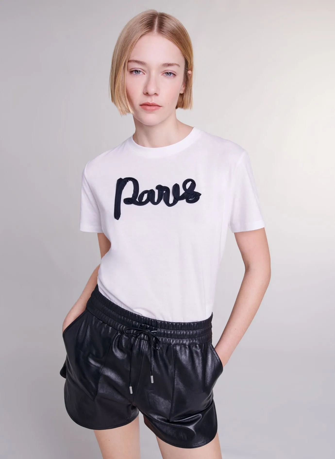 MAJE  Tee-shirt droit col rond en coton mélangé sérigraphié - Blanc