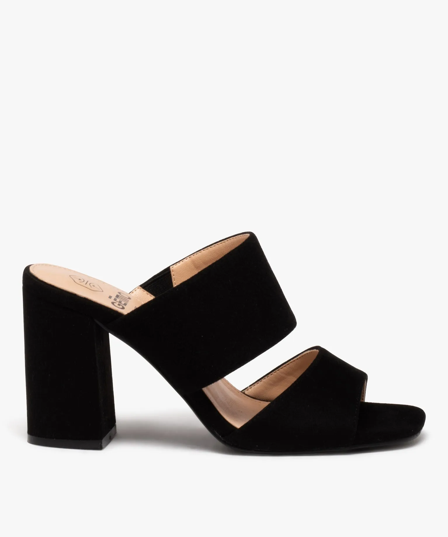 Mules femme à talon haut en suédine avec bout carré noir