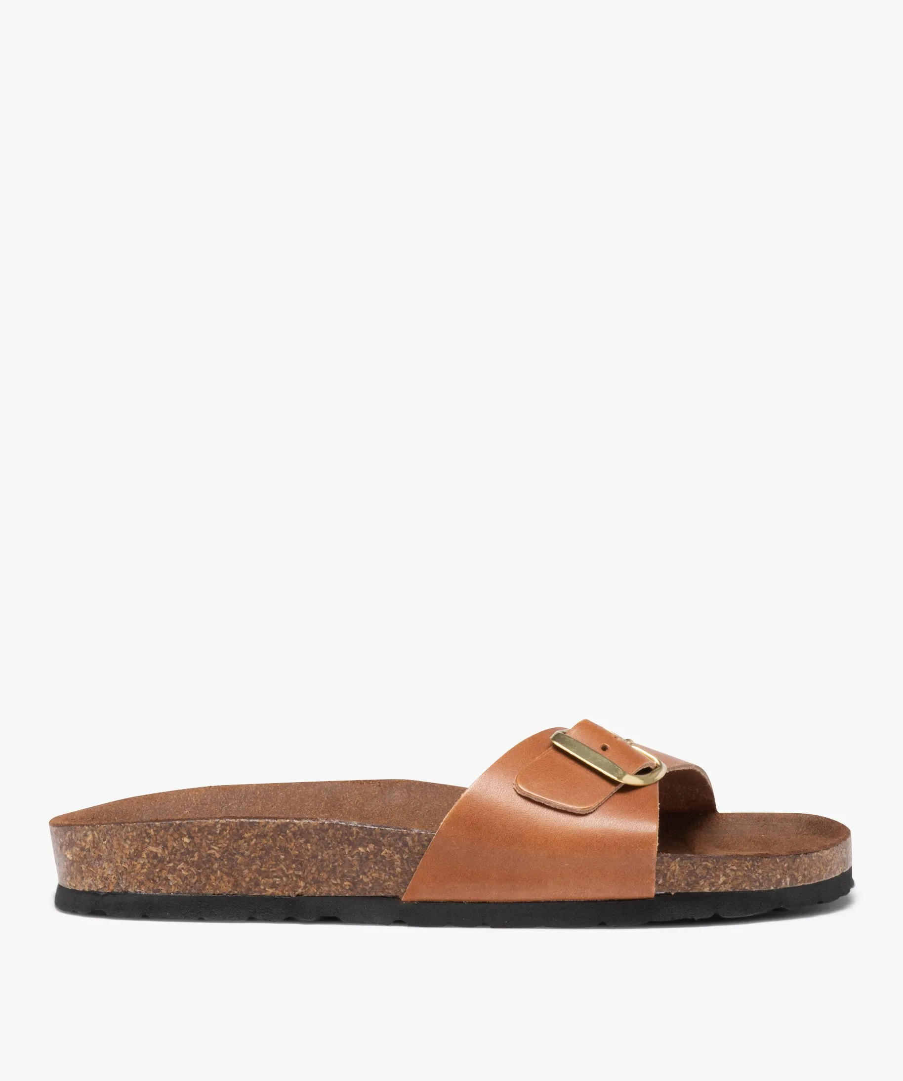 Mules femme à talon plat et bride ajustable en cuir marron