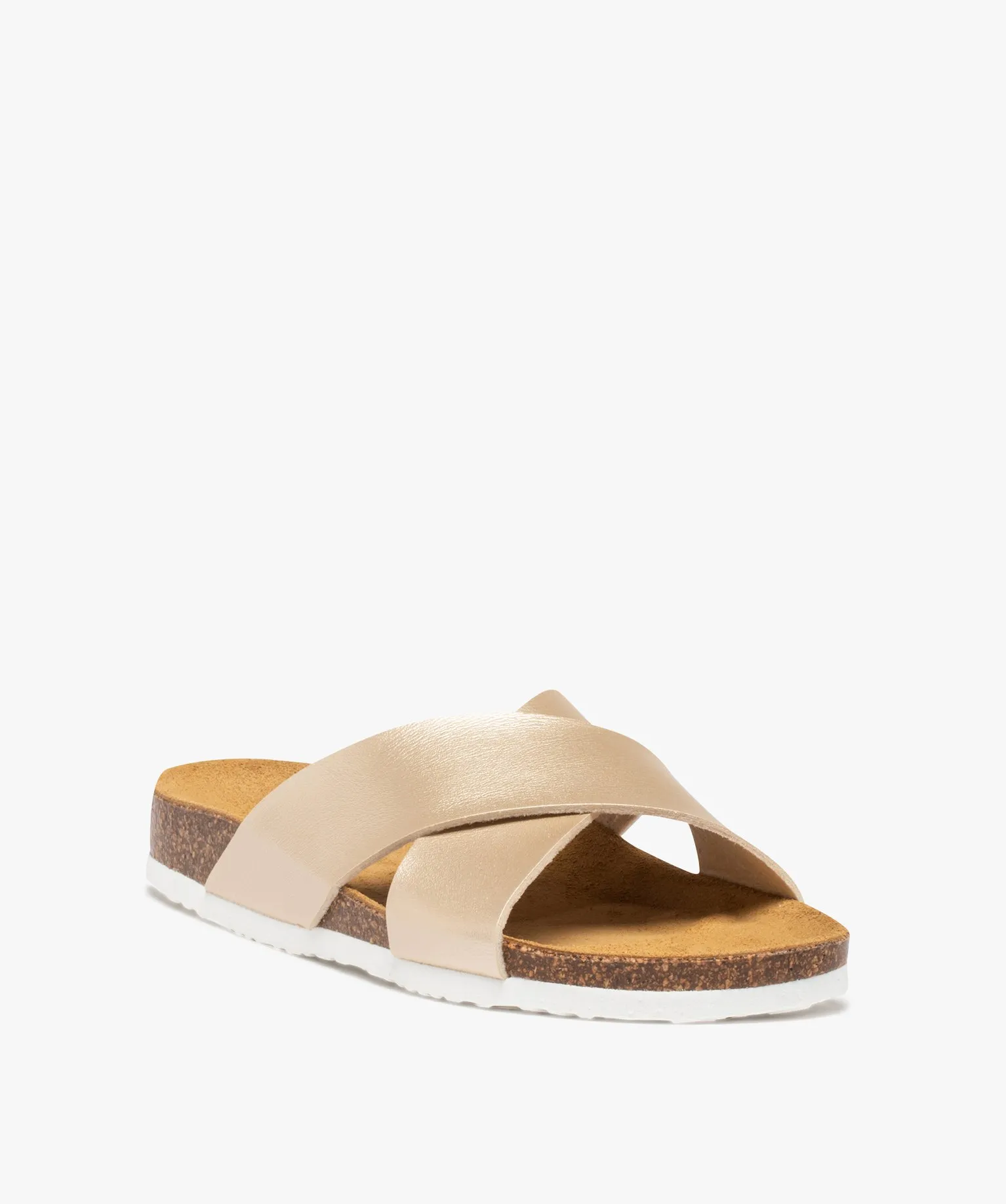 Mules femme à talon plat et larges brides croisées dore