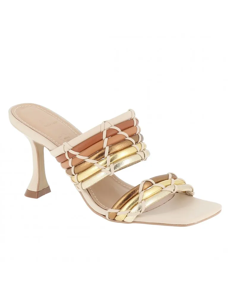 mules multibrides enfilage cuir et cuir métallisé beige et doré 09 cm