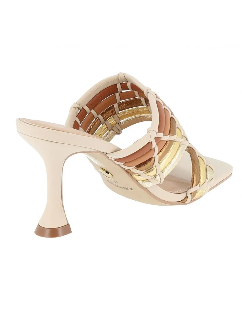 mules multibrides enfilage cuir et cuir métallisé beige et doré 09 cm