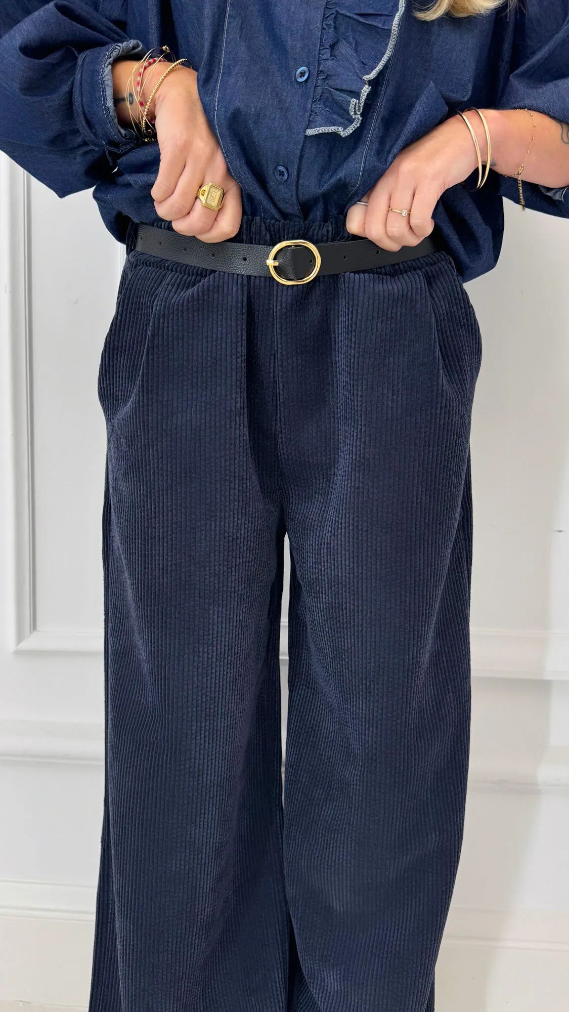 Pantalon bleu marine large velours côtelé