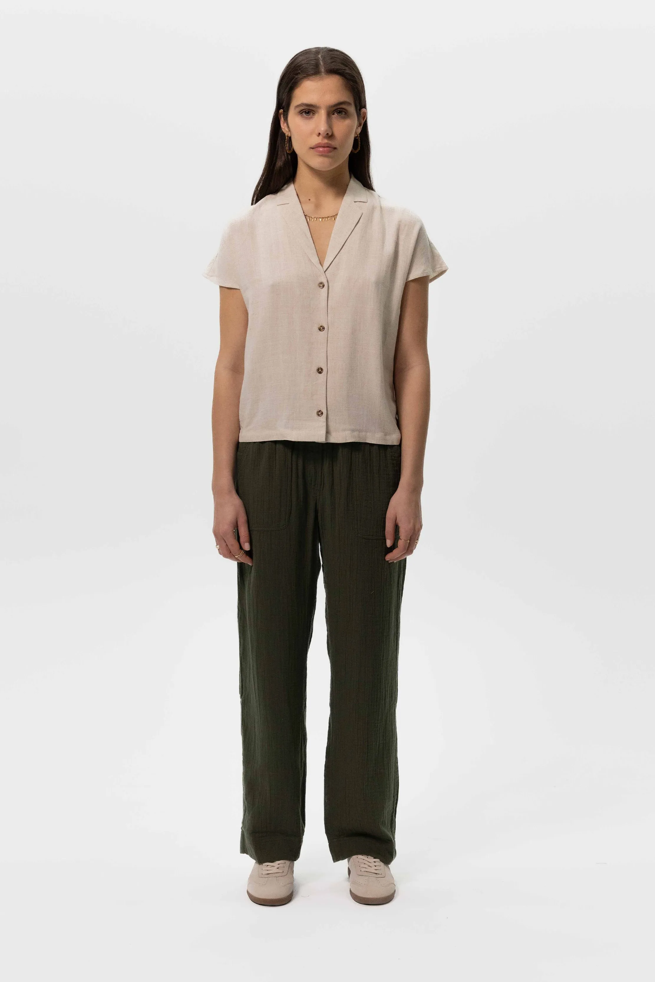 Pantalon jambes droites en mousseline - vert foncé