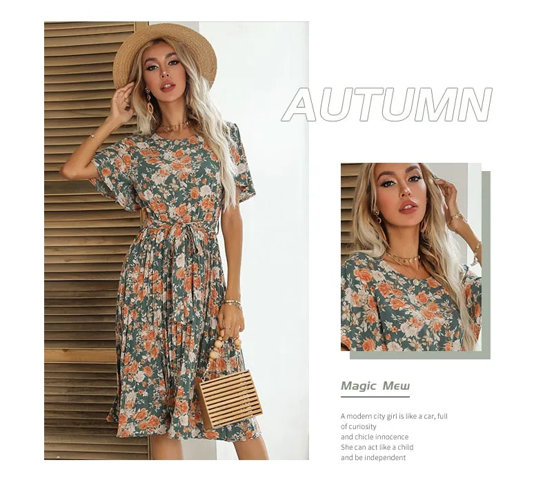 Robe Fleurie Mi-Longue Kaki