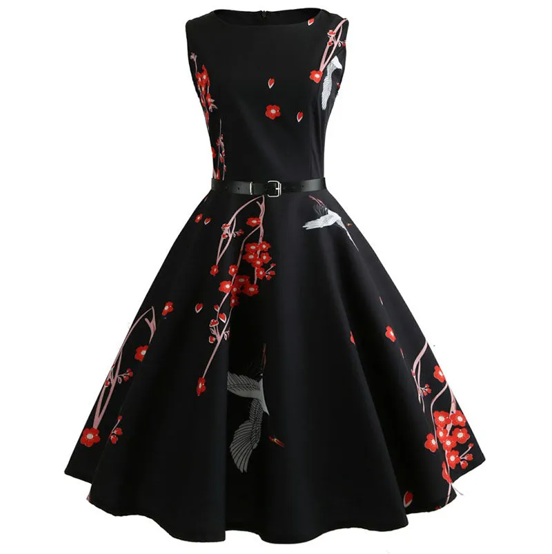 Robe Pin-Up  Noire à Fleurs Rouges  Vintage 60's