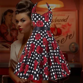 Robe Pin-Up  Noire à Pois Blancs  & Fleurs Rouges