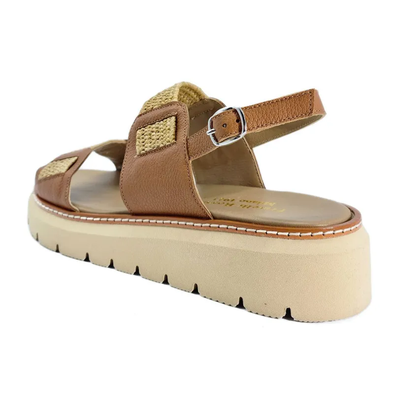 Sandale pour femme en cuir camel et raphia - Fratelli Rosana - Scarpe