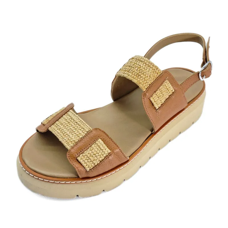 Sandale pour femme en cuir camel et raphia - Fratelli Rosana - Scarpe