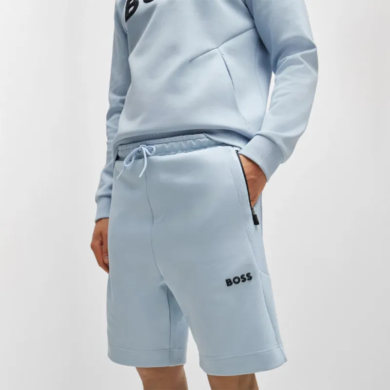 SHORT HEADLO 1 BOSS BLEU EN COTON MÉLANGÉ AVEC LOGO EN RELIEF NOIR