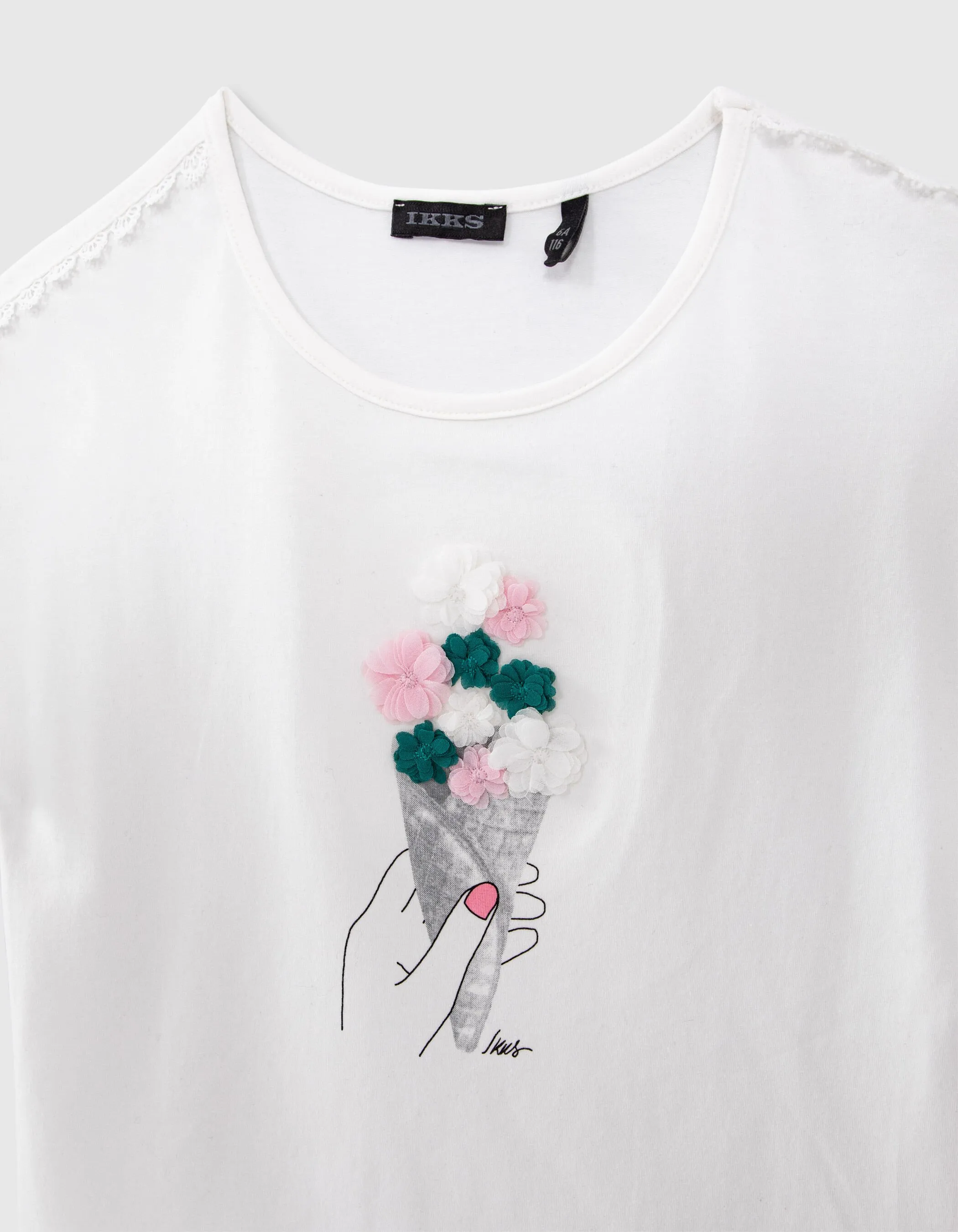 T-shirt blanc cassé visuel cornet de glace-fleurs fille