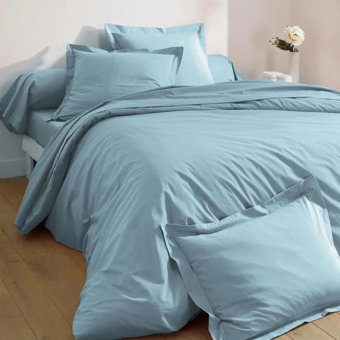 Taie de traversin Uni en percale de coton bleu glacier  | 3 Suisses
